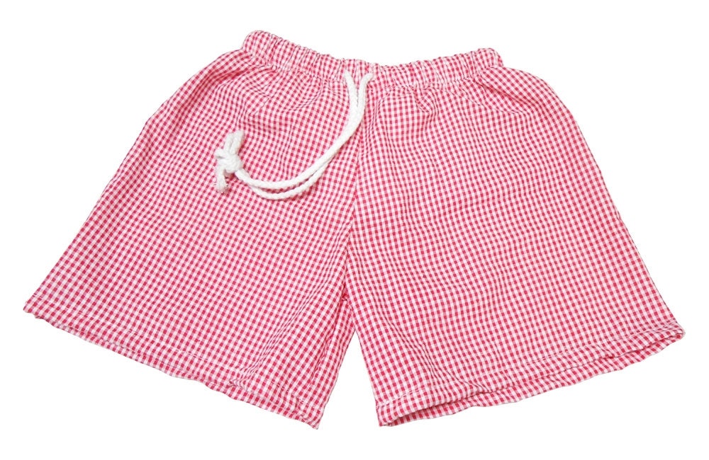 Boys' Monogrammed Gingham Check Swimming Trunks, boys swimsuit, boys bathing suit, embroidered swim suit,