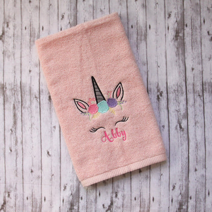 Pink Unicorn hand towel, Embroidered hand towel, Little girls bathroom decor, Unicorn decor