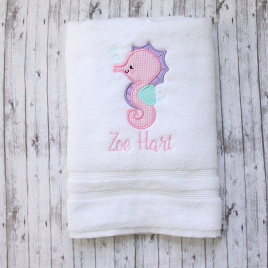 Seahorse bath towel, Embroidered Seahorse bath towel, Little girls bathroom decor, Seahorse decor