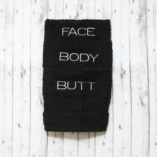 Face, Body Butt Washcloths, black makeup towel, embroidered bath wash cloth, monogrammed bath wash cloth, embroidred hand towel
