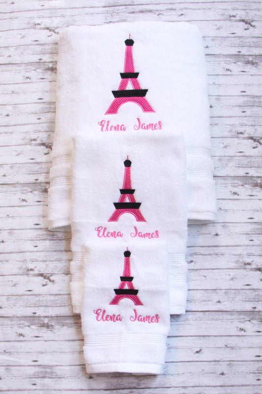 Paris towel set, Embroidered girls bath towel, Little girls bathroom decor, Paris decor, Eiffel Tower Towel Set