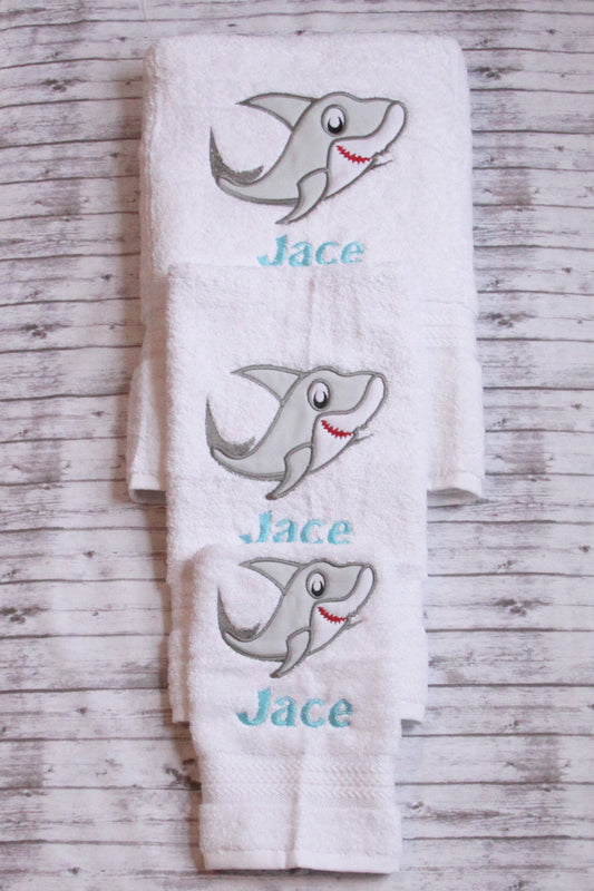 Shark towel set, Embroidered Shark bath towels, Boys bathroom decor, Shark Bathroom decor, Ocean Theme Bathroom Decor