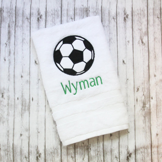Soccer hand towel, Embroidered soccer hand towel, boys bathroom decor, soccer decor