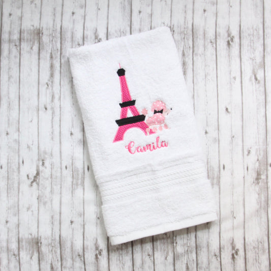 Paris hand towel, Embroidered girls poodle bath towel, Little girls bathroom decor, Paris decor, Eiffel Tower Towel