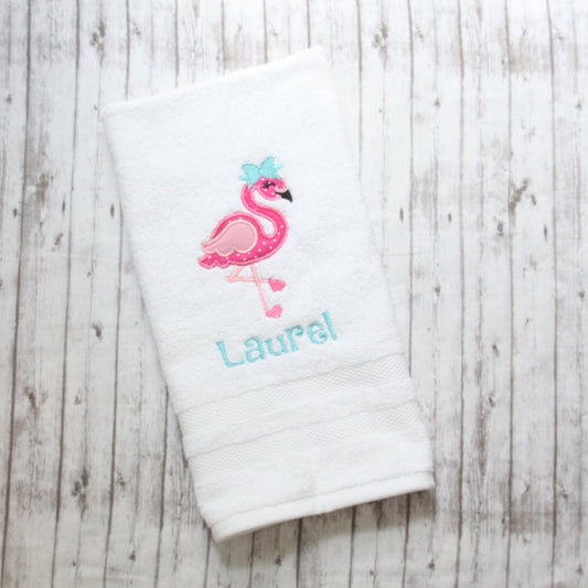 Embroidered flamingo hand towel, Girls Flamingo towel, Flamingo Bath Decor, Pink Flamingo Towel