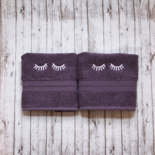 makeup washcloth, purple makeup towel, embroidered bath wash cloth, monogrammed bath wash cloth, eyelash washcloth
