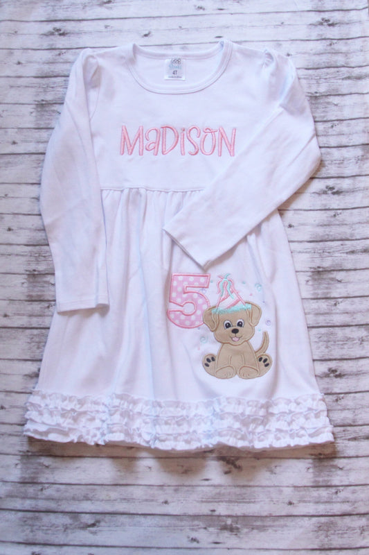 Long Sleeve Puppy Dress, Embroidered Puppy Birthday Dress, Puppy Birthday Outfit