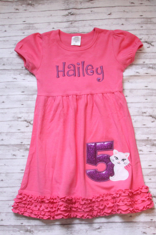 Embroidered Kitten Dress, Embroidered Cat Birthday Dress, Kitty Birthday Outfit