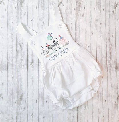 Embroidered Boys Sunsuit, Barnyard Animal Birthday Outfit