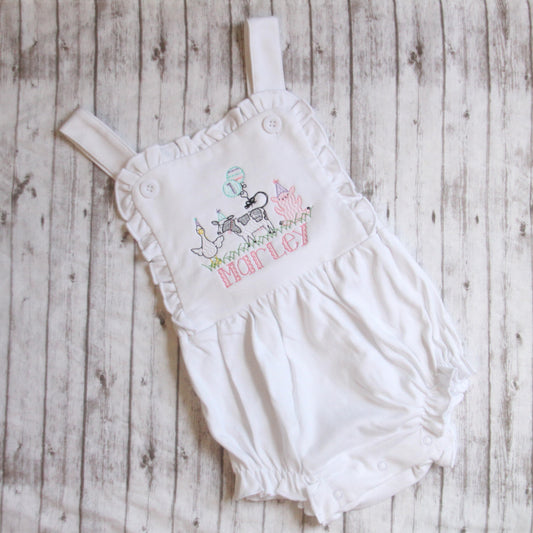Embroidered Girls Sunsuit, Barnyard Animal Birthday Outfit