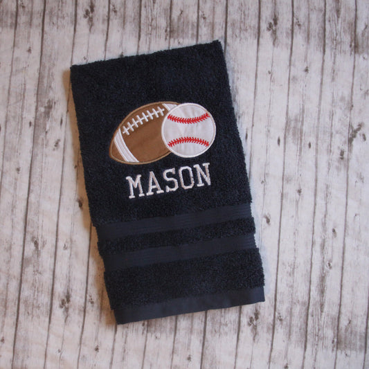 Baseball ball hand towel, Football Hand towel, Embroidered hand towel, boys bathroom decor, sports decor